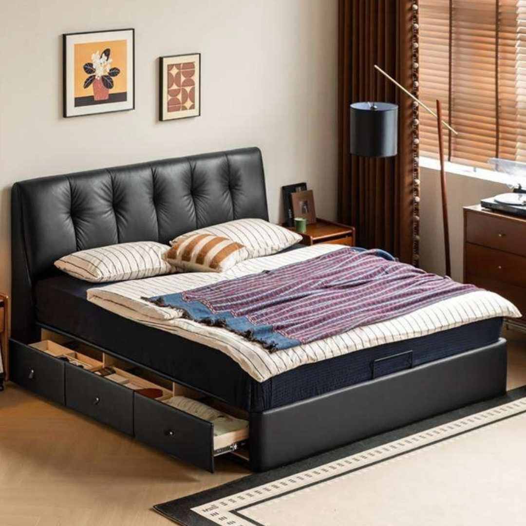 Genuine Leather Storage Bed with Tufted Headboard and Drawers