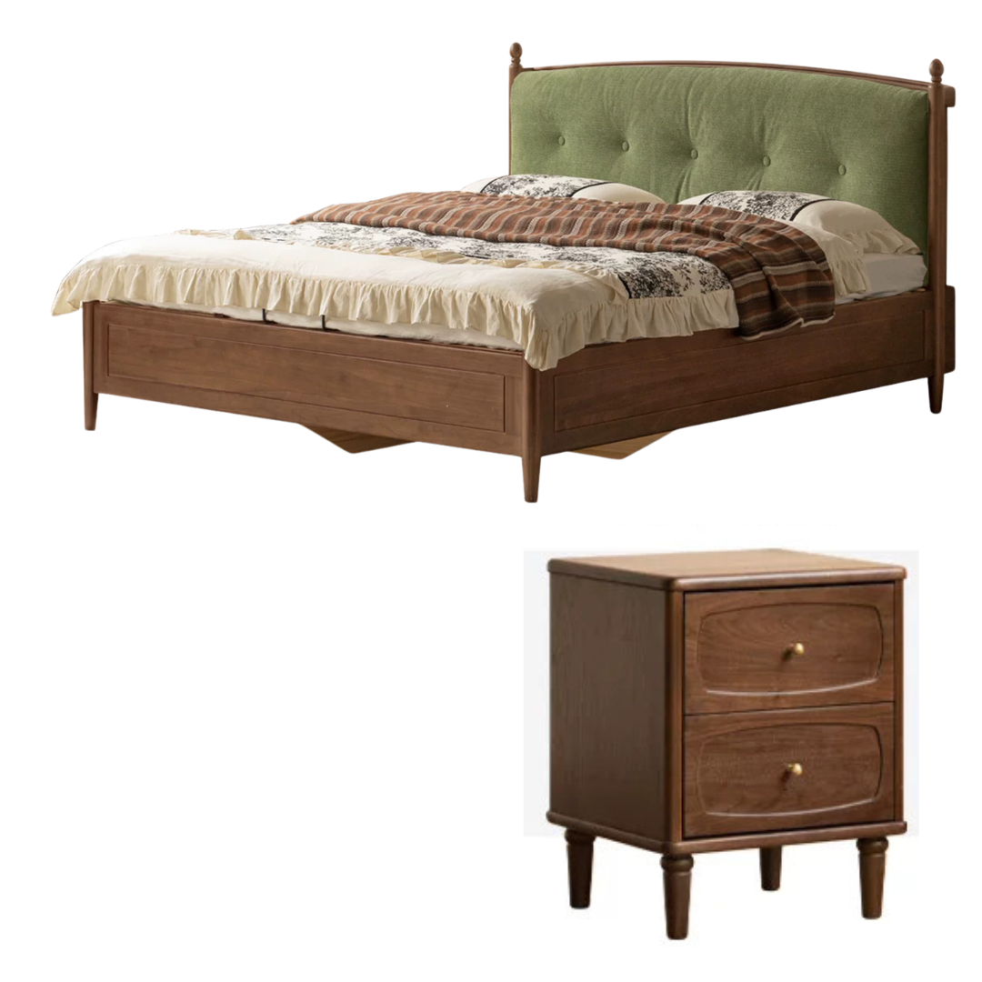 Black Walnut Solid Wood American Vintage Bed with Removable Headboard Cushion