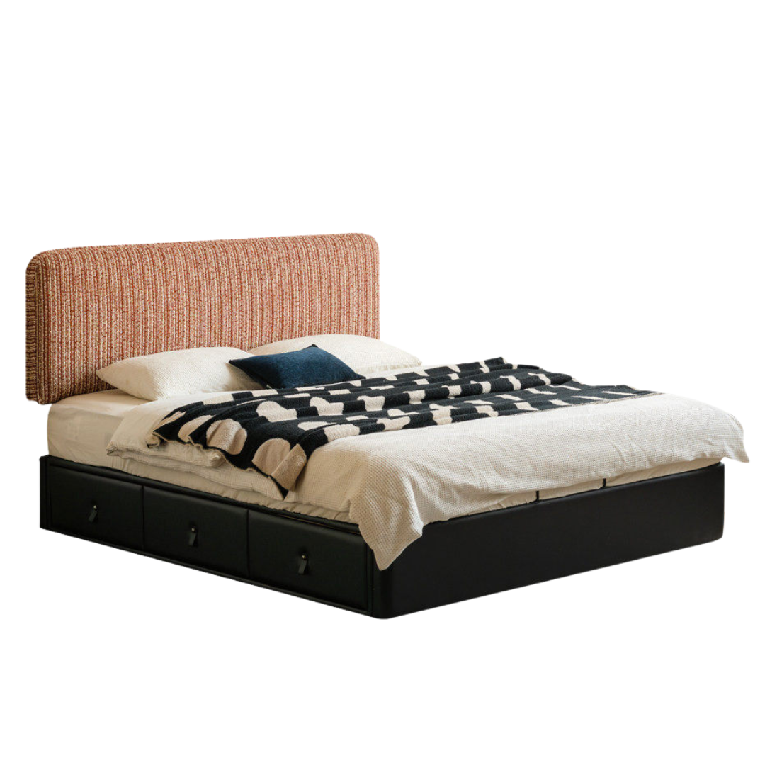 Terracotta Corduroy Storage Bed with Adjustable Headboard and Black Faux Leather Base