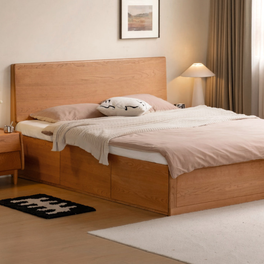 Cherry Solid Wood Storage Bed with Side Storage Drawers