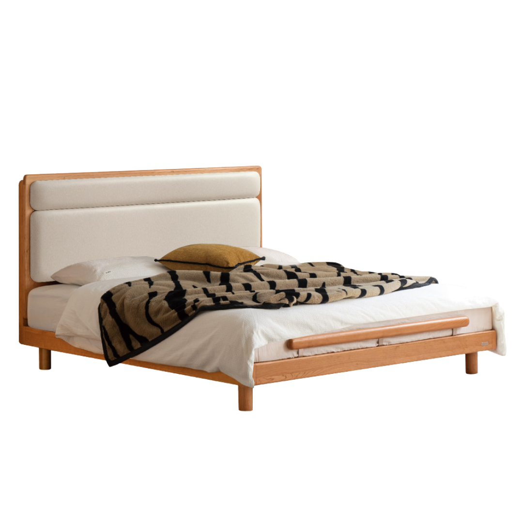 Cherry Solid Wood Fabric Soft Backrest Bed Modern Minimalist