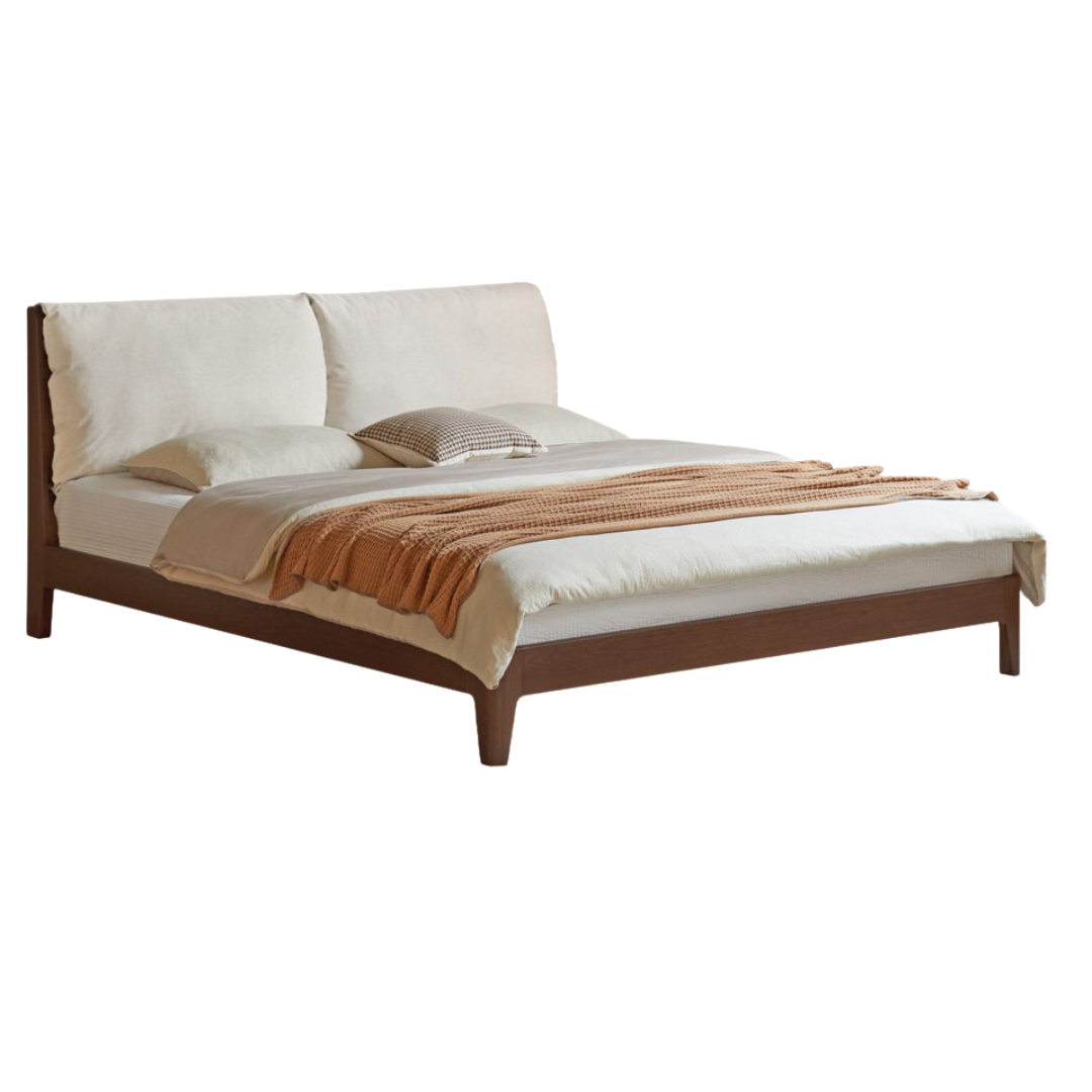 Oak, Golden Rosewood Solid Wood Platform Bed with Upholstered Panel Headboard and Built Outlet