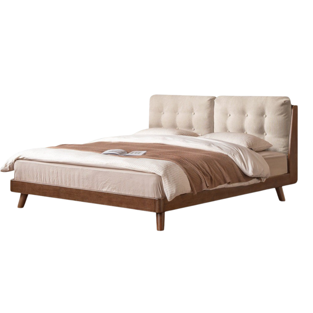 Rubberwood Solid Wood Bed with Oversized Soft Pillow Headboard