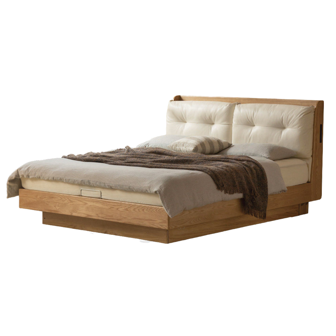 Ash Solid Wood Genuine Leather Upholstered Storage Bed with Electric Lift and LED Lighting