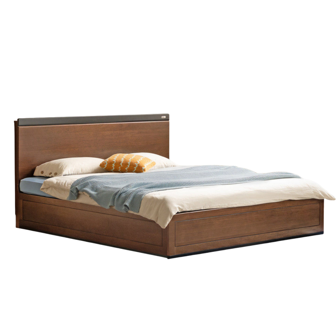 Golden Rosewood Solid Wood Bauhaus Storage Bed with Full Lift-Up Storage Box and Color-Block Headboard
