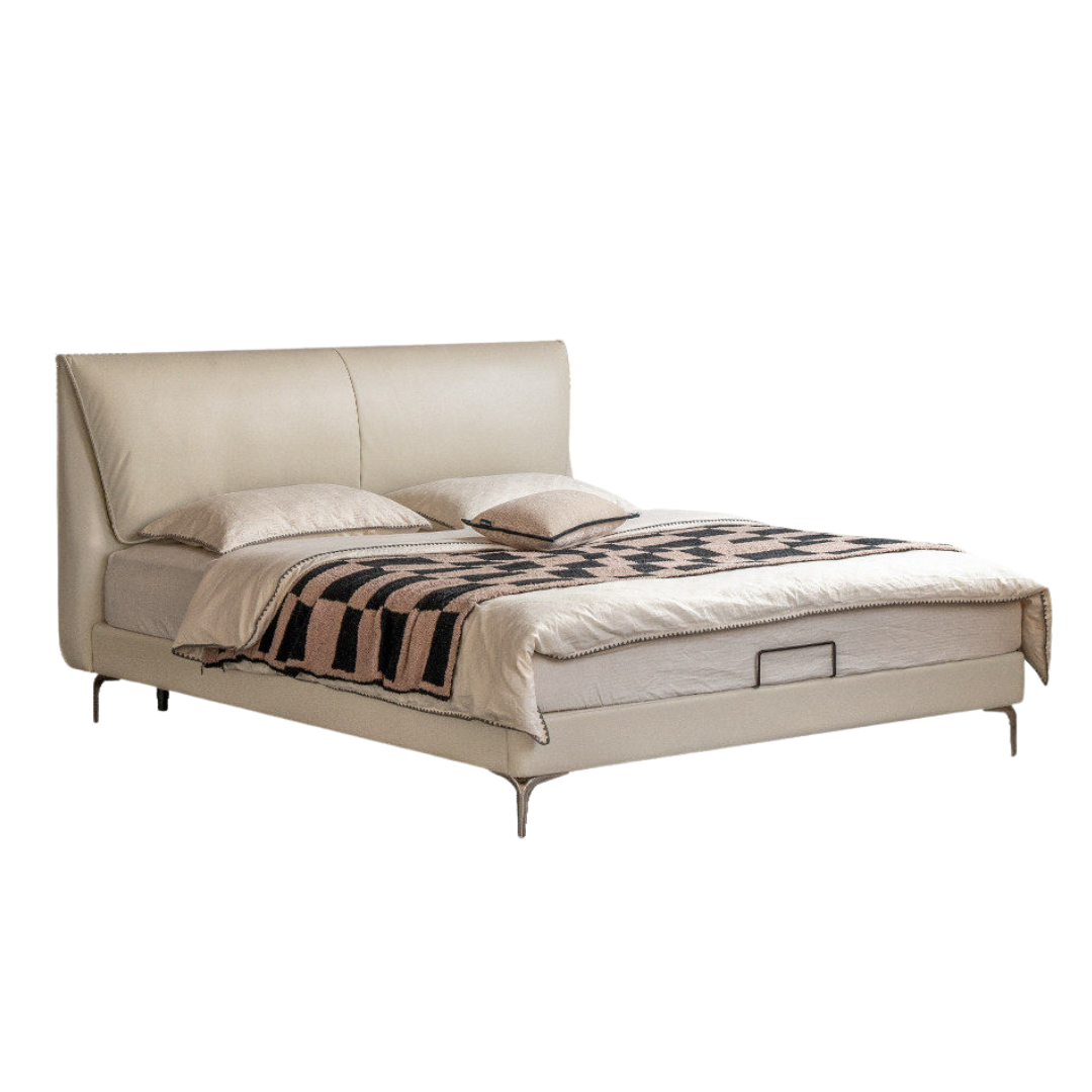 Genuine Leather Sculpted Curved Bed with Tall Sloped Headboard