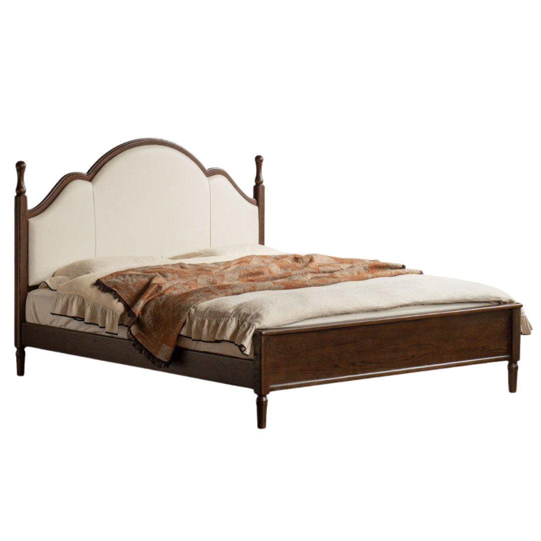 Ash Solid Wood Genuine Leather Bed with Tall Arched Headboard and Turned Finial Posts