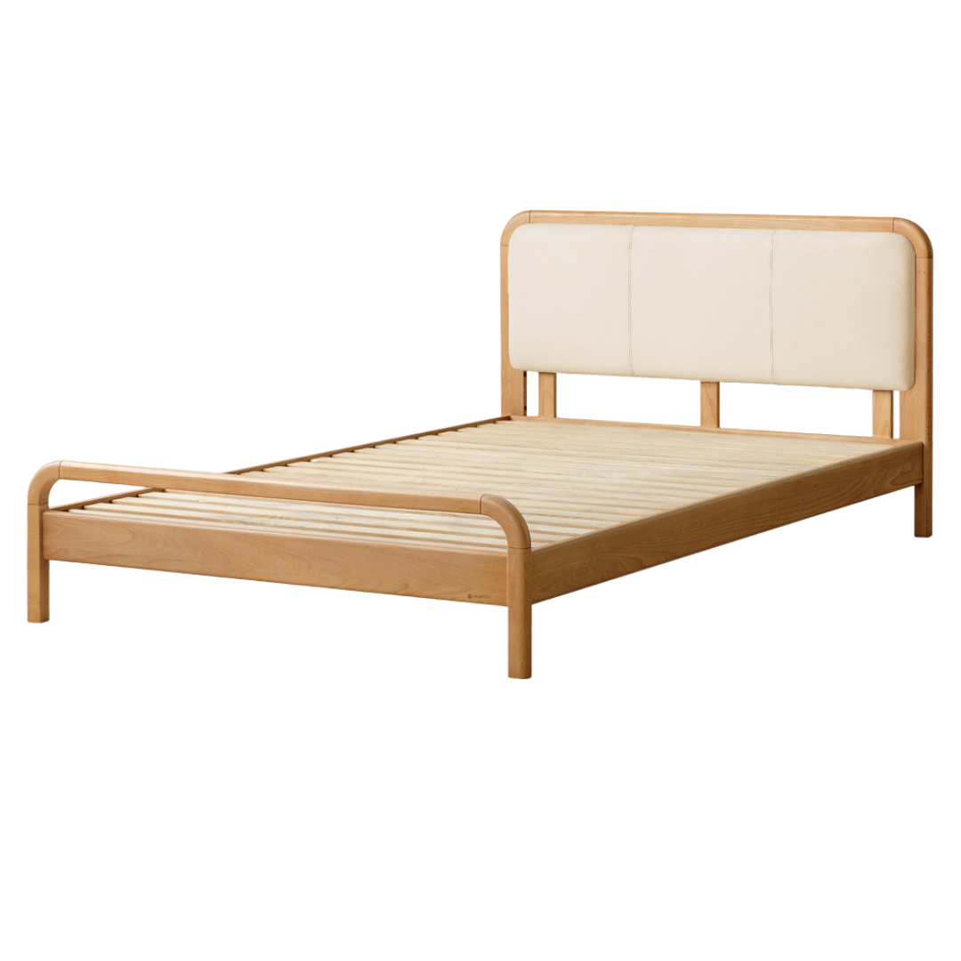 Beech Solid Wood Kids Bed with Adjustable Height and Rounded Corner Headboard
