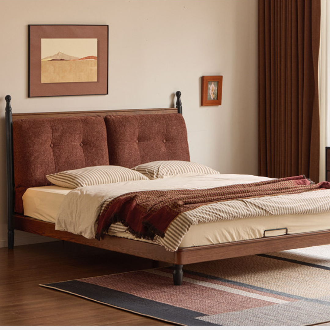Oak Solid Wood Four Poster Bed with Tufted Headboard