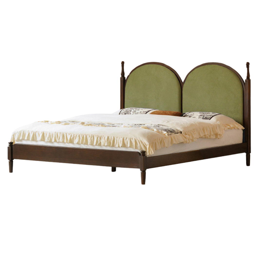 Poplar Solid Wood Bed with Double Arched Upholstered Headboard and Turned Wood Posts