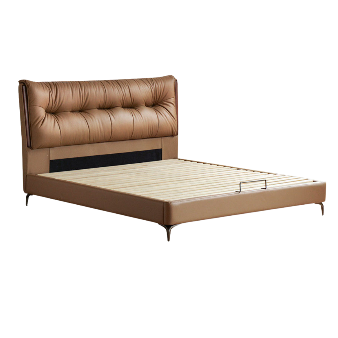 Genuine Leather Platform Bed with Wingback Tufted Headboard