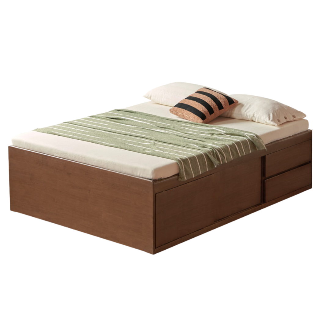 Rubberwood Solid Wood Low Platform Storage Bed with Side Drawers