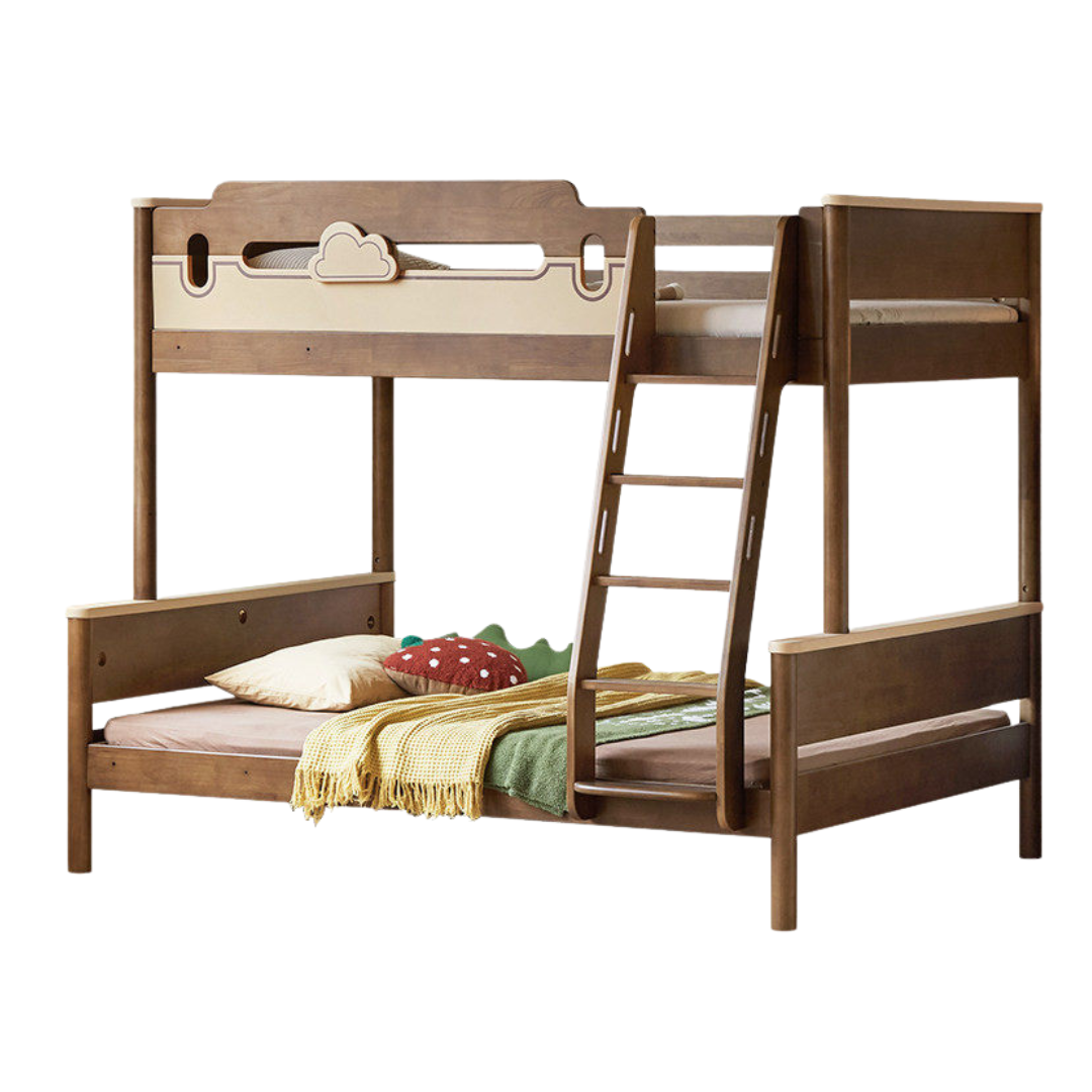 Rubberwood Solid Wood Castle-Inspired Bunk Bed with Cloud Cutout Guardrail