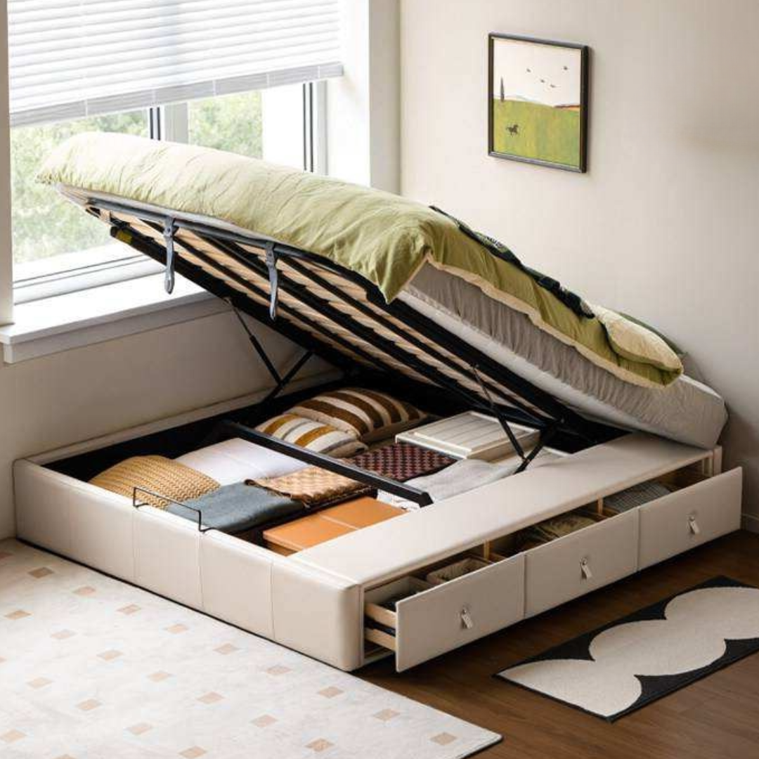 Upholstered Storage Platform Bed, Modern Minimalist White Eco Leather Tatami Bed with Box Storage