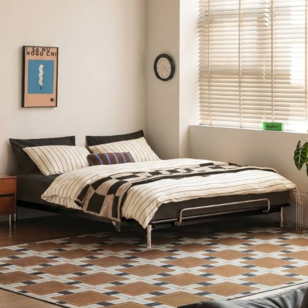 Rubberwood Solid Wood Minimalist Platform Bed with Angled Metal Legs