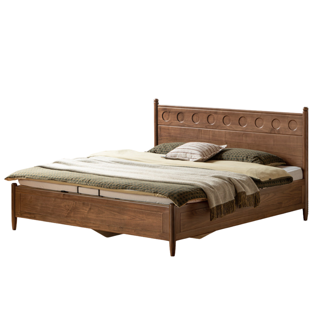 Black Walnut Solid Wood Bed with Carved Polka Dot Headboard