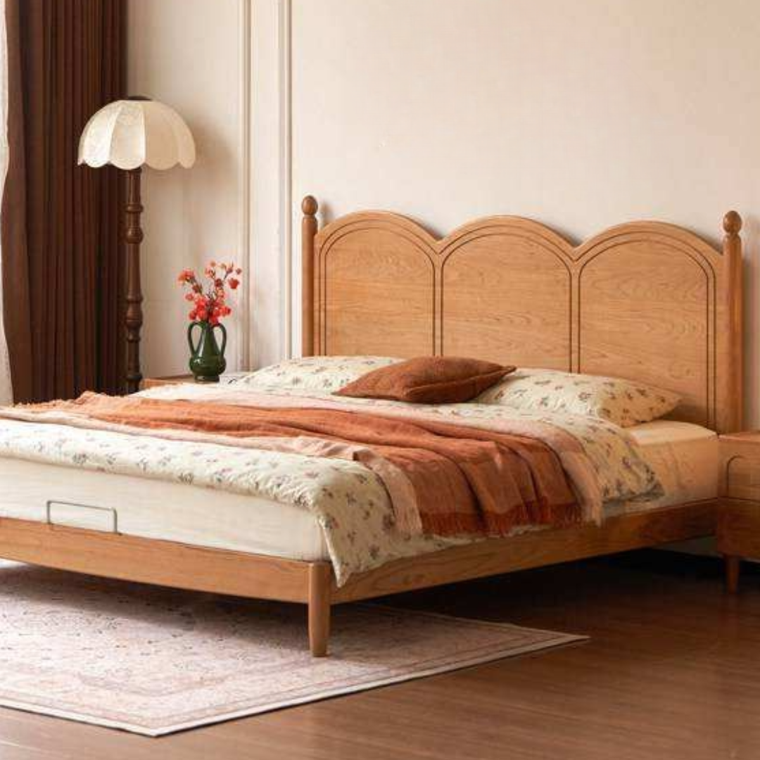 Cherry Solid Wood French Country Arched Platform Bed with Spindle Legs