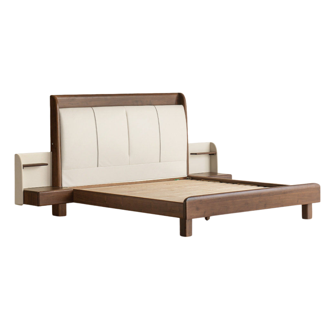 Black Walnut Solid Wood Genuine Leather Curved Leather Bed with Floating Base and LED Lighting