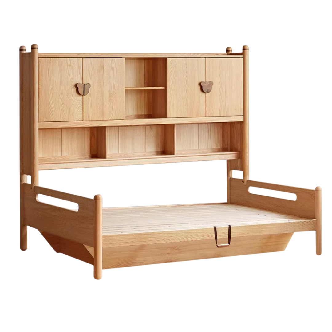 Oak Solid Wood Kids Storage Bed with Built-In Bookcase Headboard and Lift Storage
