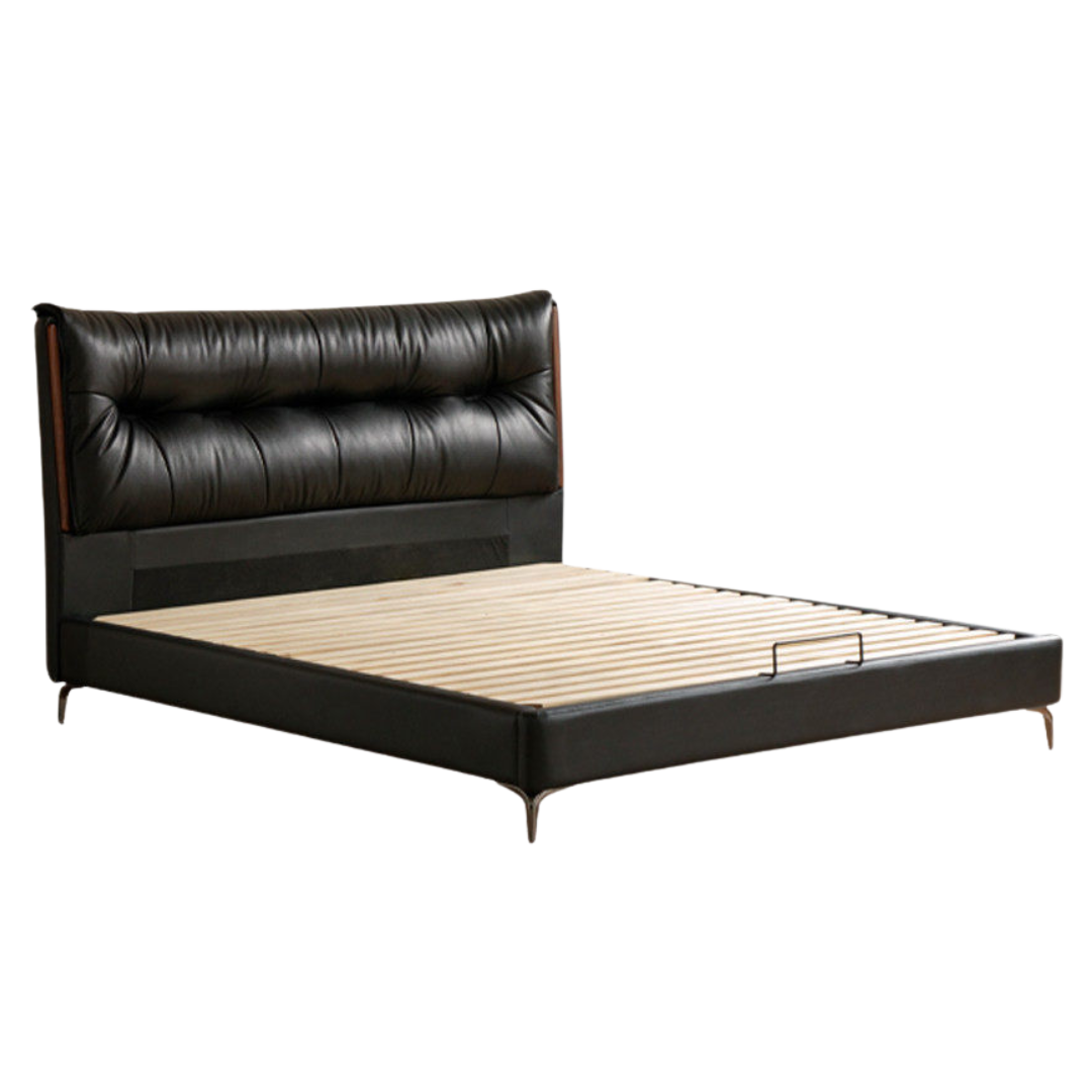 Genuine Leather Platform Bed with Wingback Tufted Headboard