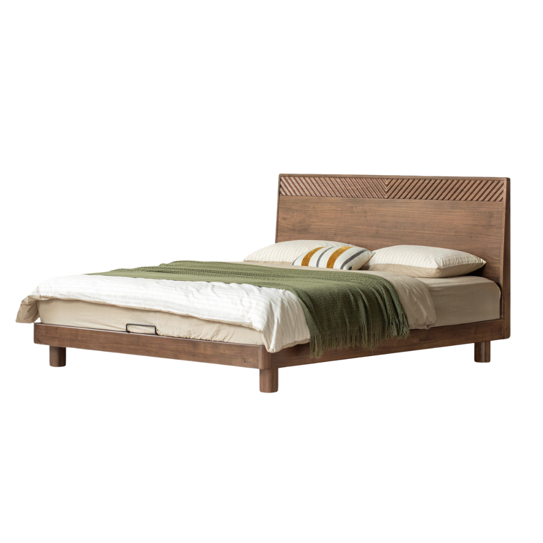 Black Walnut Solid Wood Platform Bed with Grooved Panel Headboard Accent