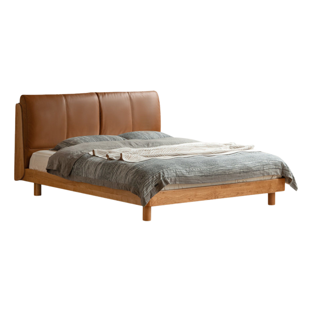 Cherry Solid Wood Bed with Genuine Leather Upholstered Headboard and LED Lighting