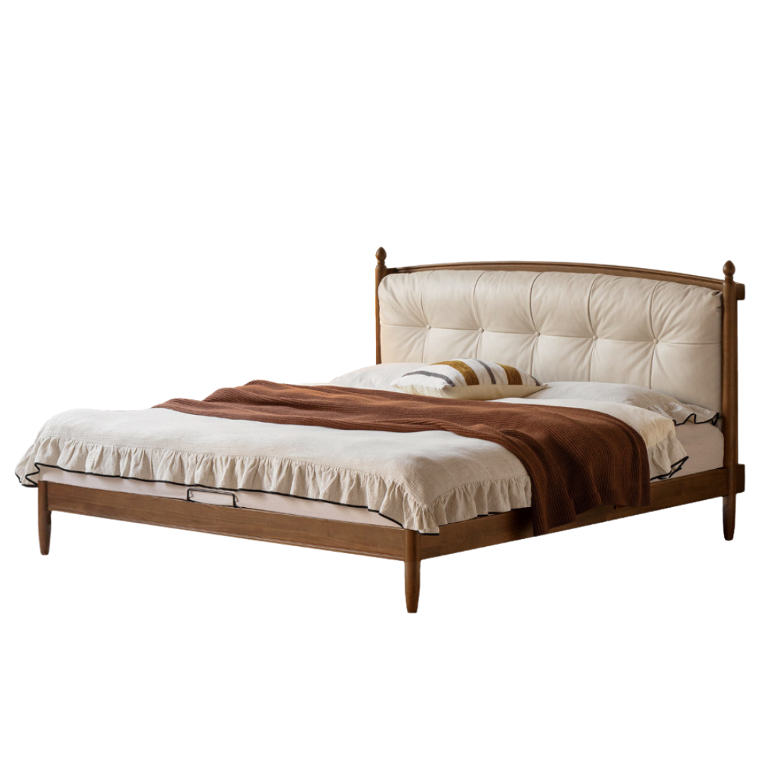 Black Walnut Solid Wood American Vintage Bed with Removable Headboard Cushion
