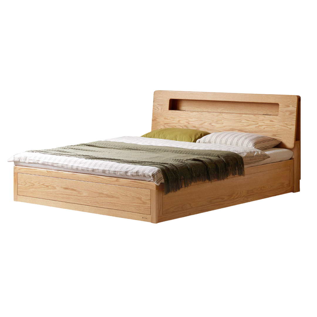 Oak Solid Wood Storage Bed with Bookcase Headboard and Built-In Desk Setup