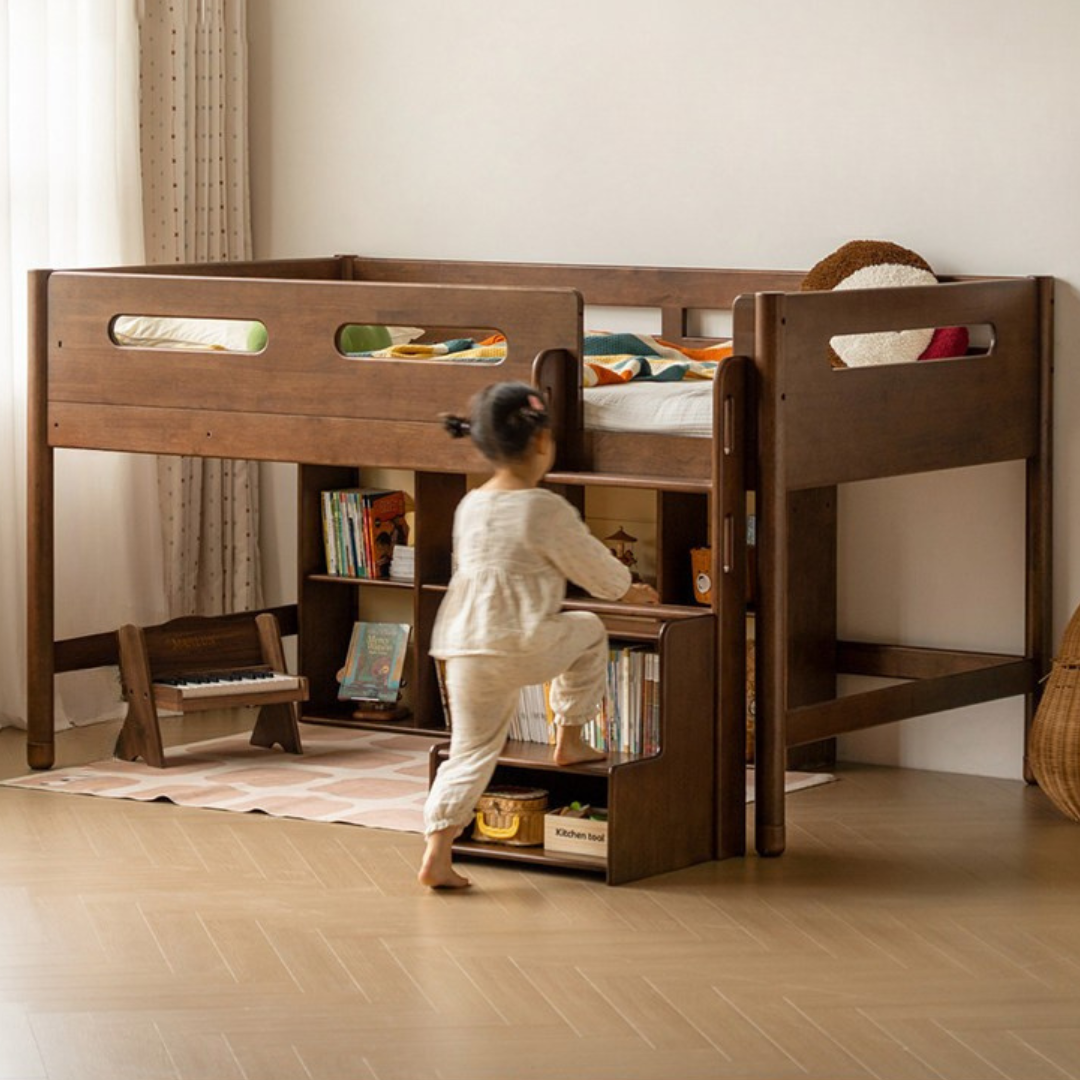 Rubberwood Solid Wood Mid-Height Kids Loft Bed with Staircase and Bookshelf Storage