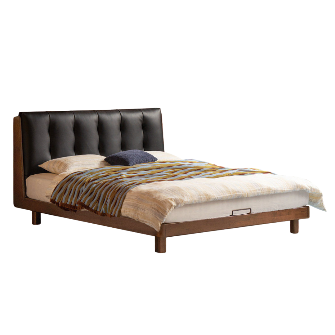 Rubberwood Solid Wood Italian Style Bed with Leather Headboard and Soft Goose Down Cushion