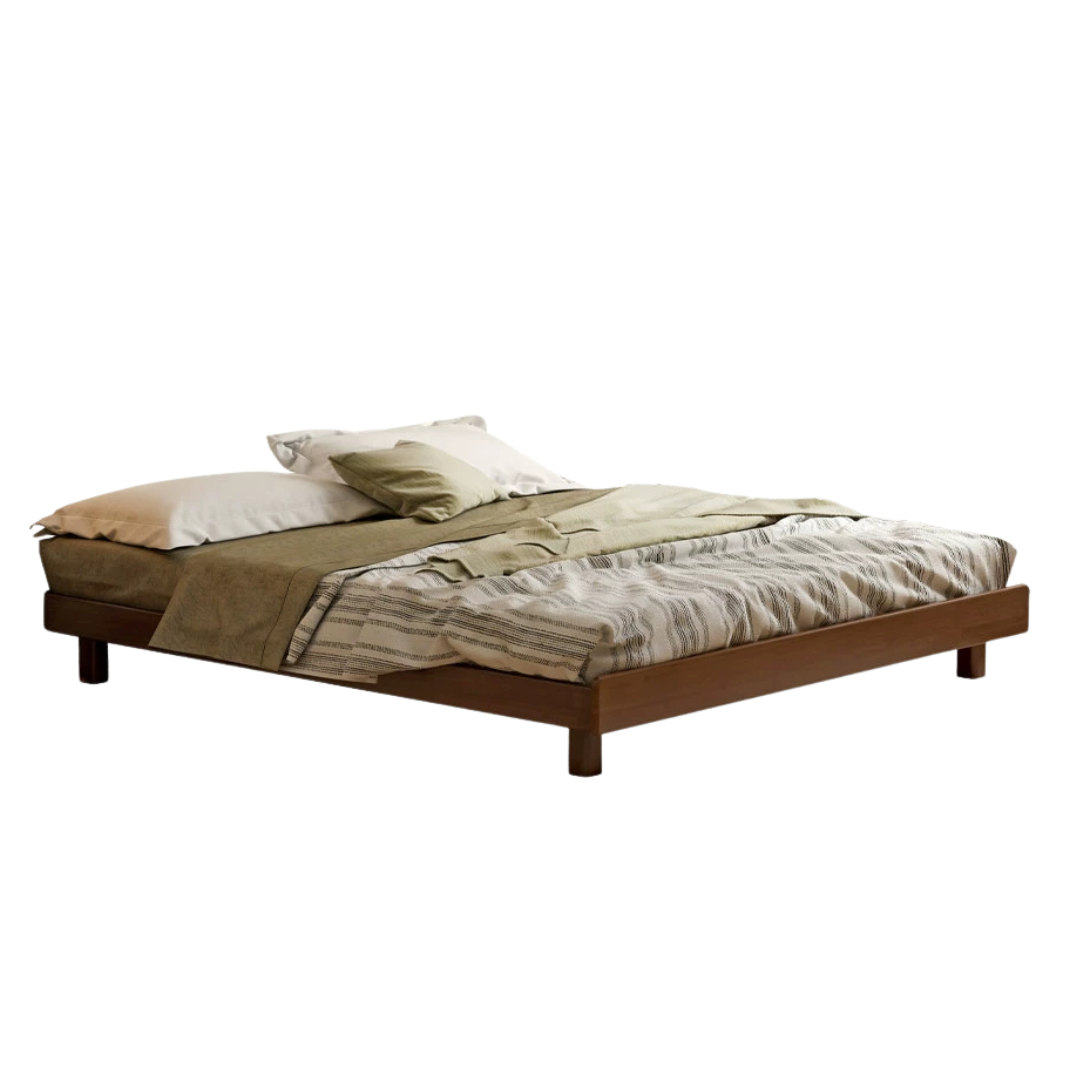 Rubberwood Solid Wood Modern Low Platform Bed Without Headboard