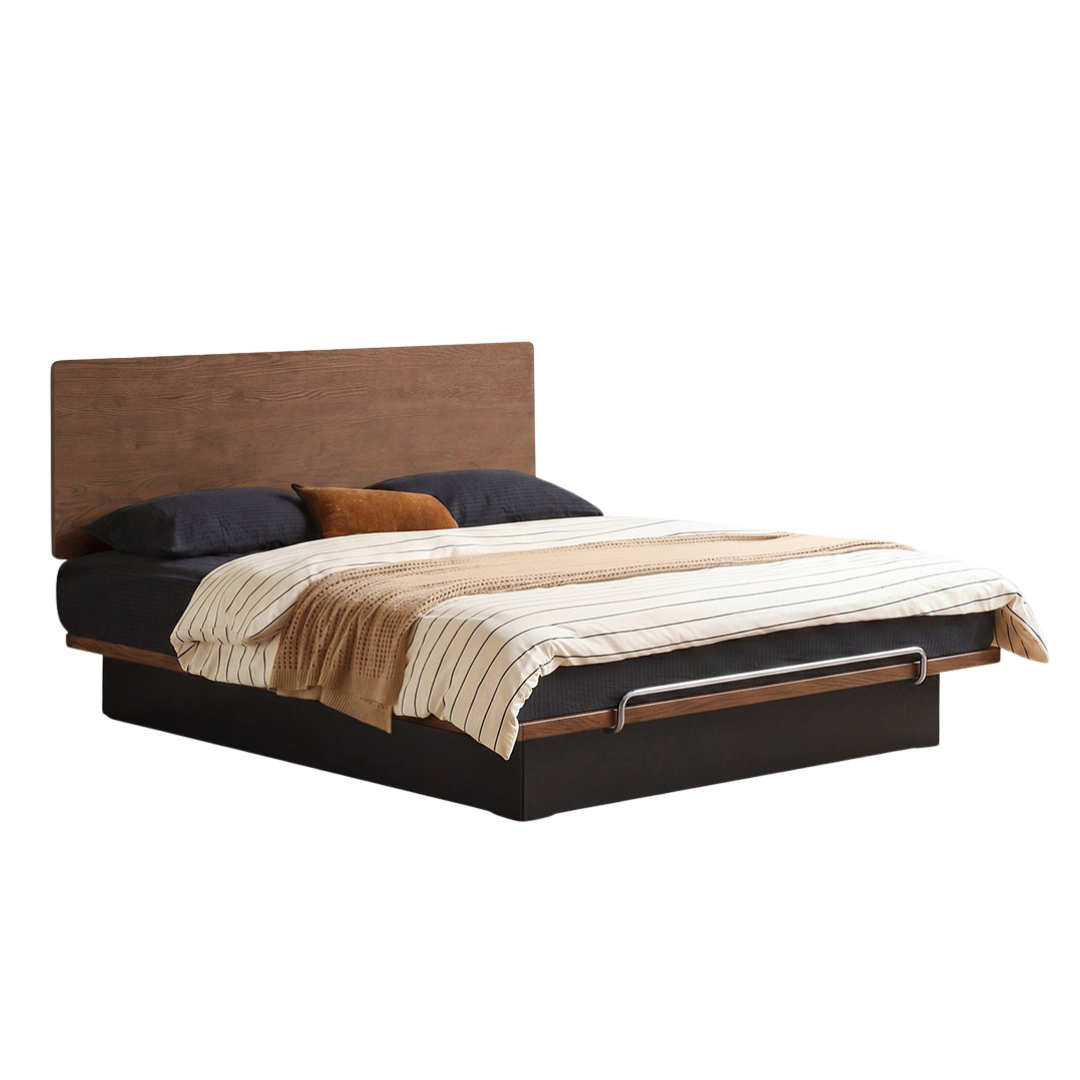 Oak Solid Wood Mid-Century Floating Storage Bed with Lift-Up Storage Box