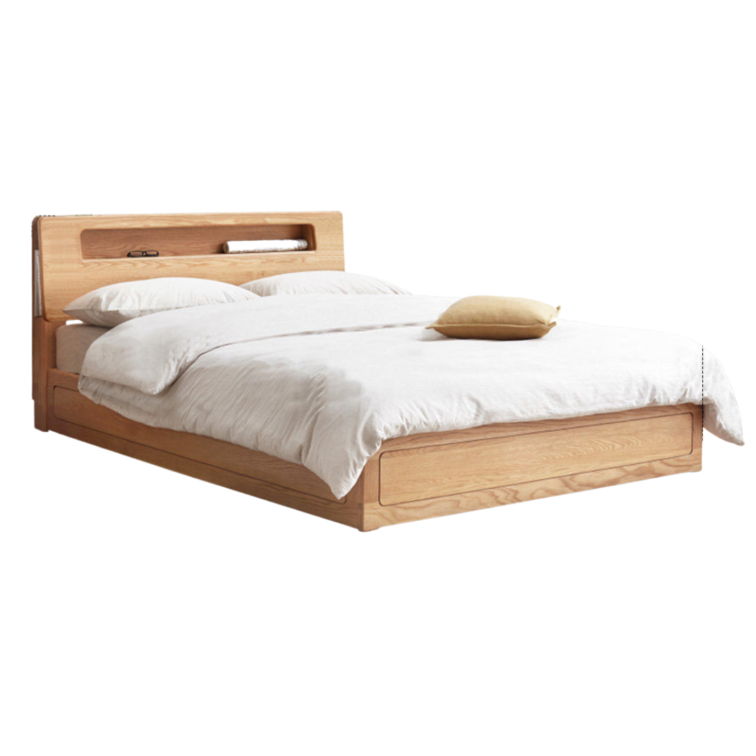 Oak Solid Wood Storage Bed with Bookcase Headboard and Built-In Desk Setup