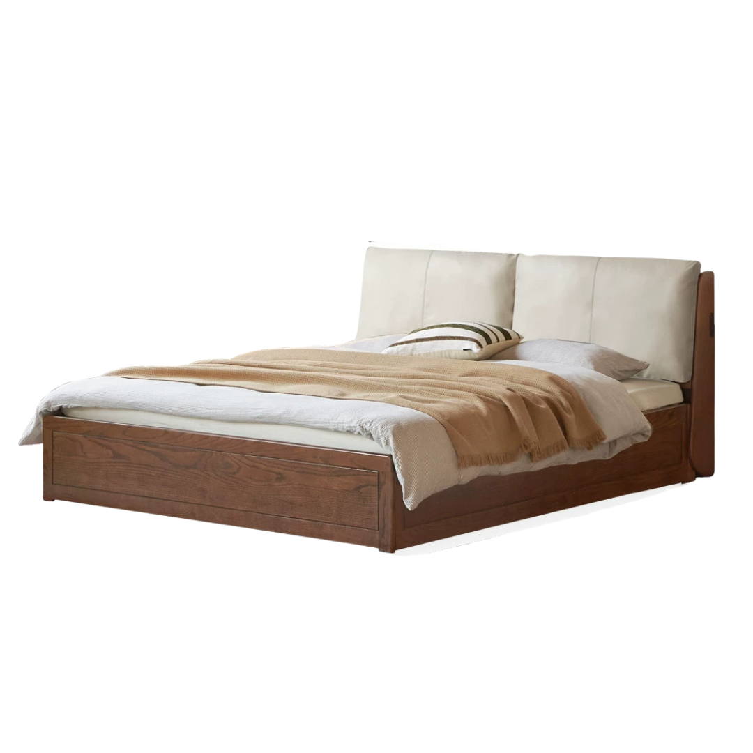 Oak Solid Wood Genuine Leather, Fabric Soft-Padded Box Bed