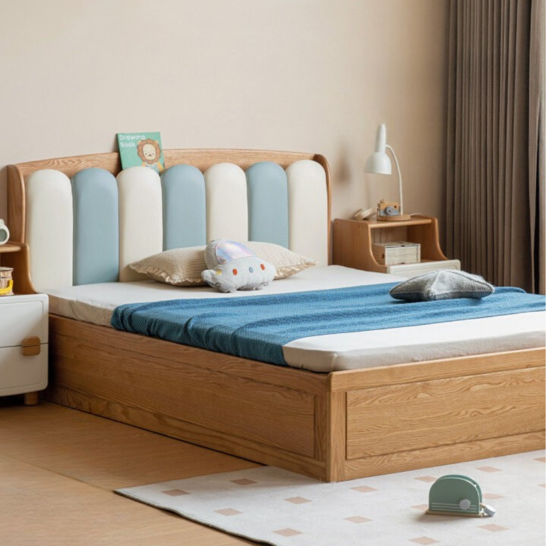 Oak Solid Wood Kids Bed with Adjustable Channel-Tufted Headboard and Gas-Lift Storage