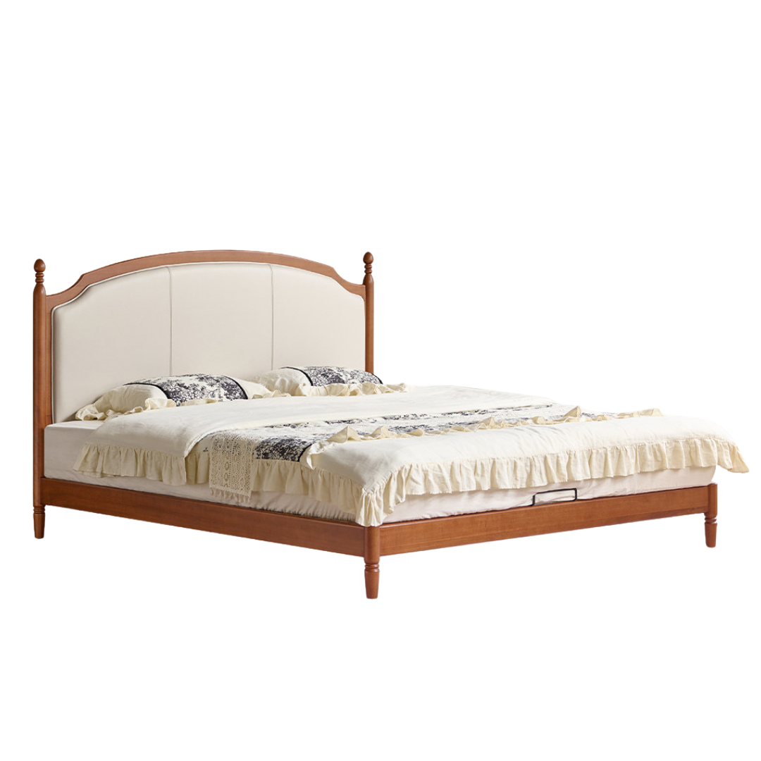 Poplar Solid Wood Bed – French Retro Design with Soft Fabric Upholstery