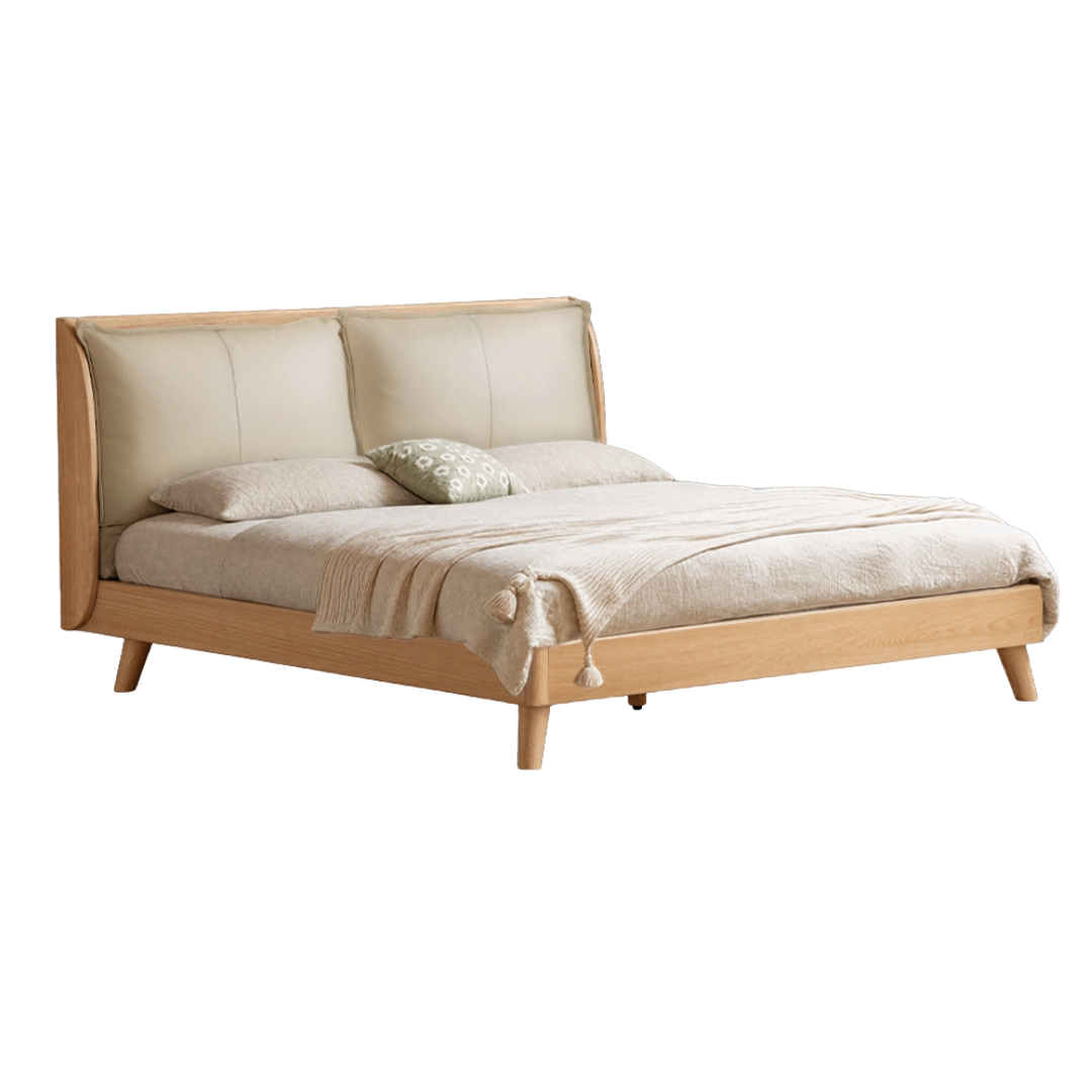 Oak Solid Wood Bed — Modern Minimalist with Cowhide Top Layer and Soft Fabric Headboard