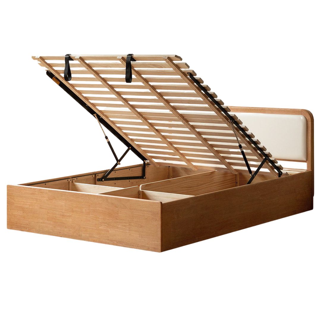 Oak, Rubberwood Solid Wood Upholstered Kids Storage Bed with Gas Lift and Rounded Headboard