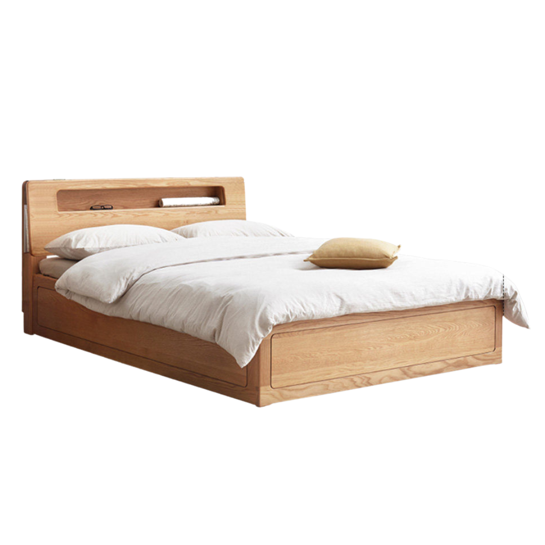 Oak Solid Wood Storage Bed with Bookcase Headboard and Built-In Desk Setup