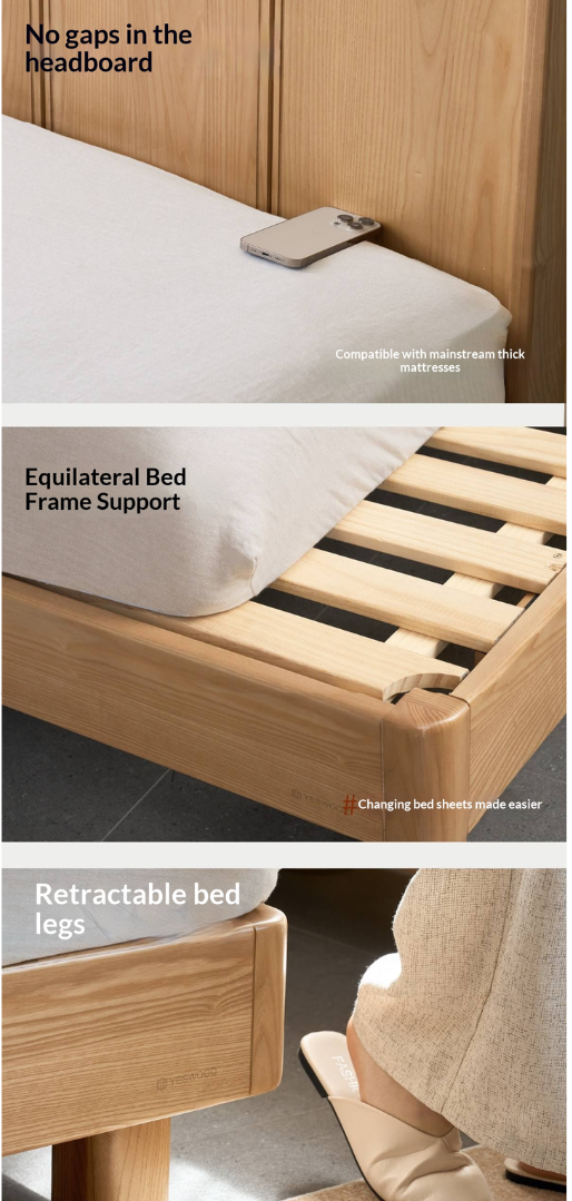Ash Solid Wood Extra Tall Fluted Wood Headboard Platform Bed