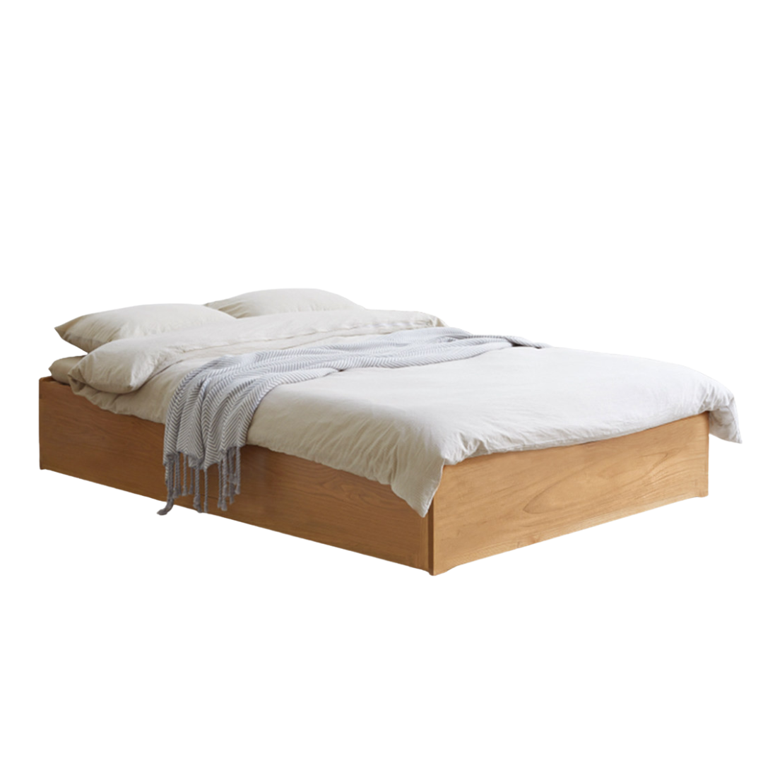 Oak, Rubberwood Solid Wood Platform Bed, Headboard-Free Box Bed