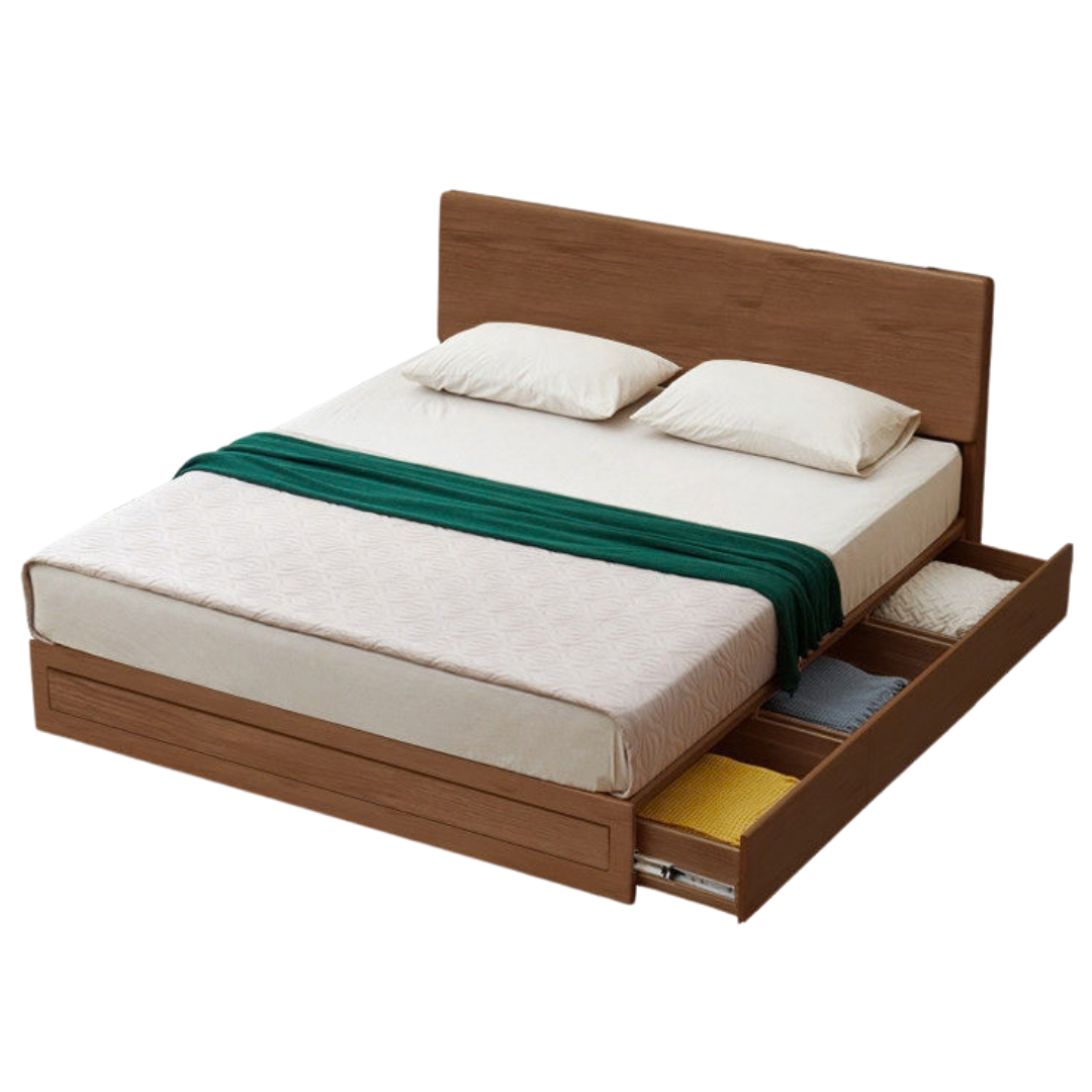 Ash, Oak, Black Walnut Solid Wood Box Bed with Drawers