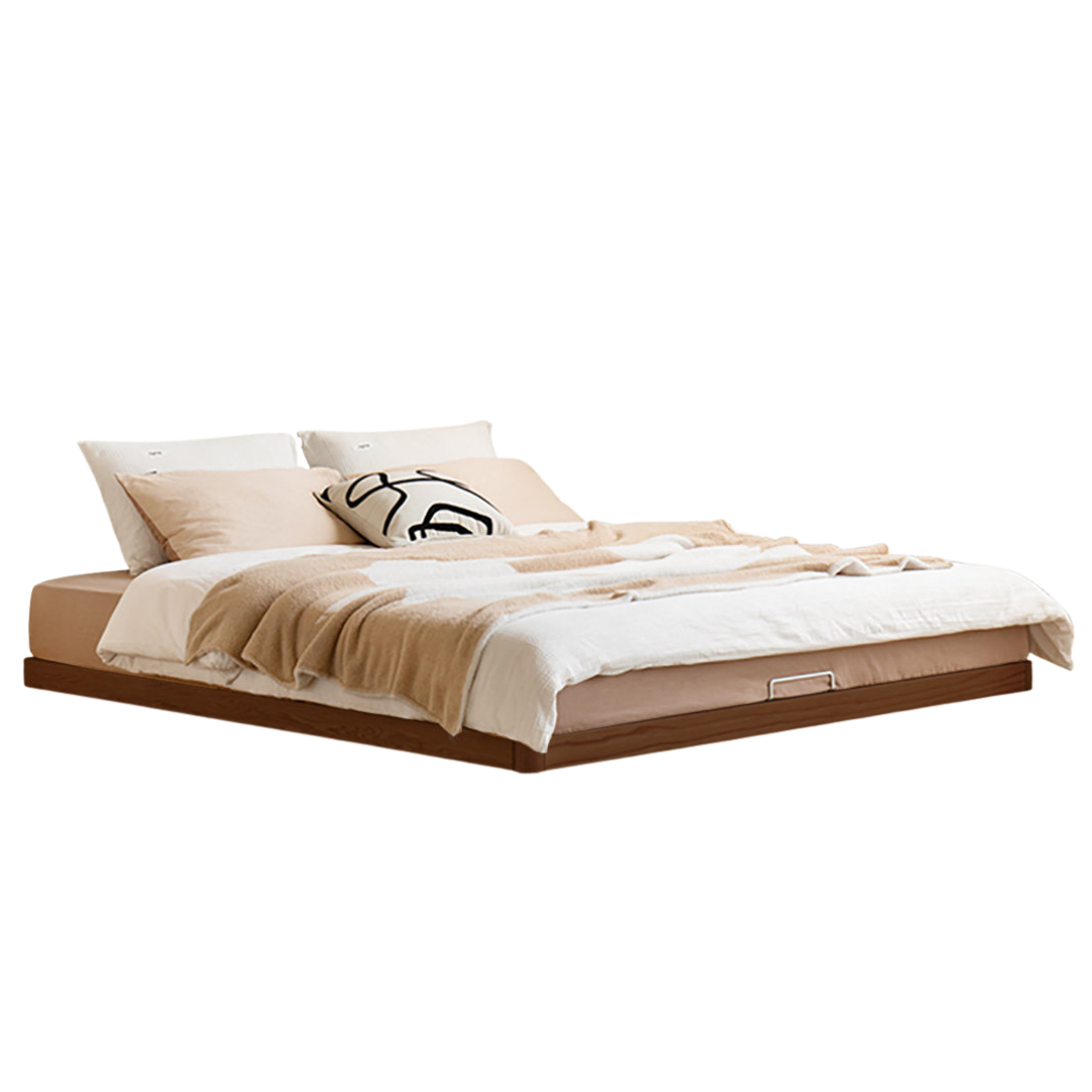 Beech, Oak Solid Wood Platform Bed with Removable Headboard and Low Floor Design