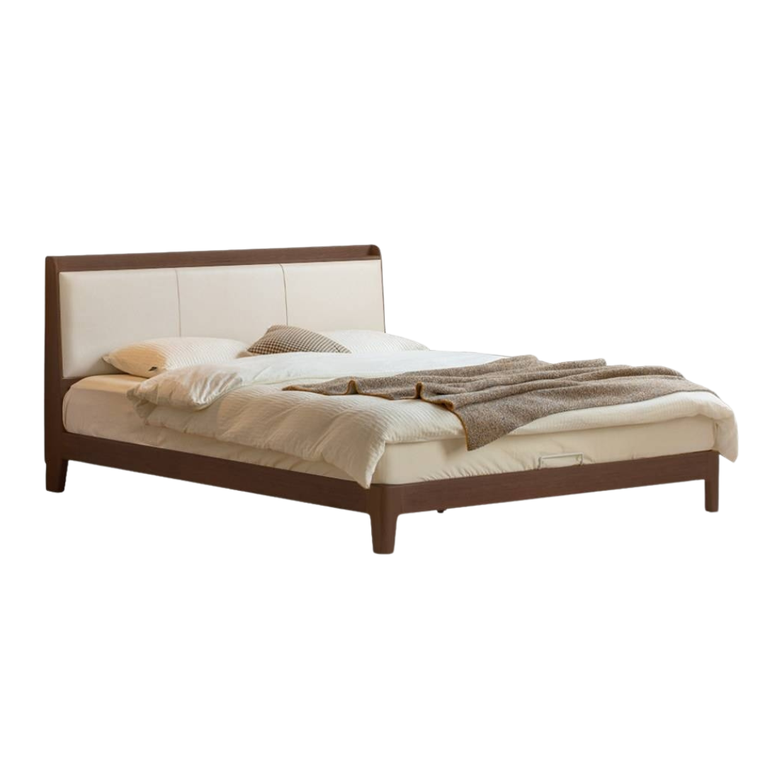 Golden Rosewood Solid Wood Modern Bed with Leather Upholstered Headboard and Built-In Power Outlets