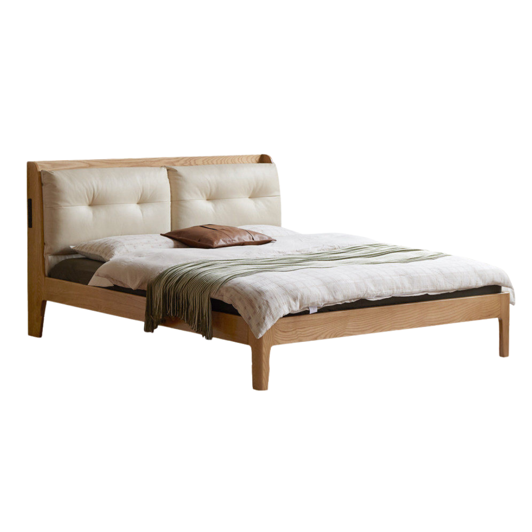 Ash Solid Wood Modern Leather Tufted Platform Bed with USB Charging Port