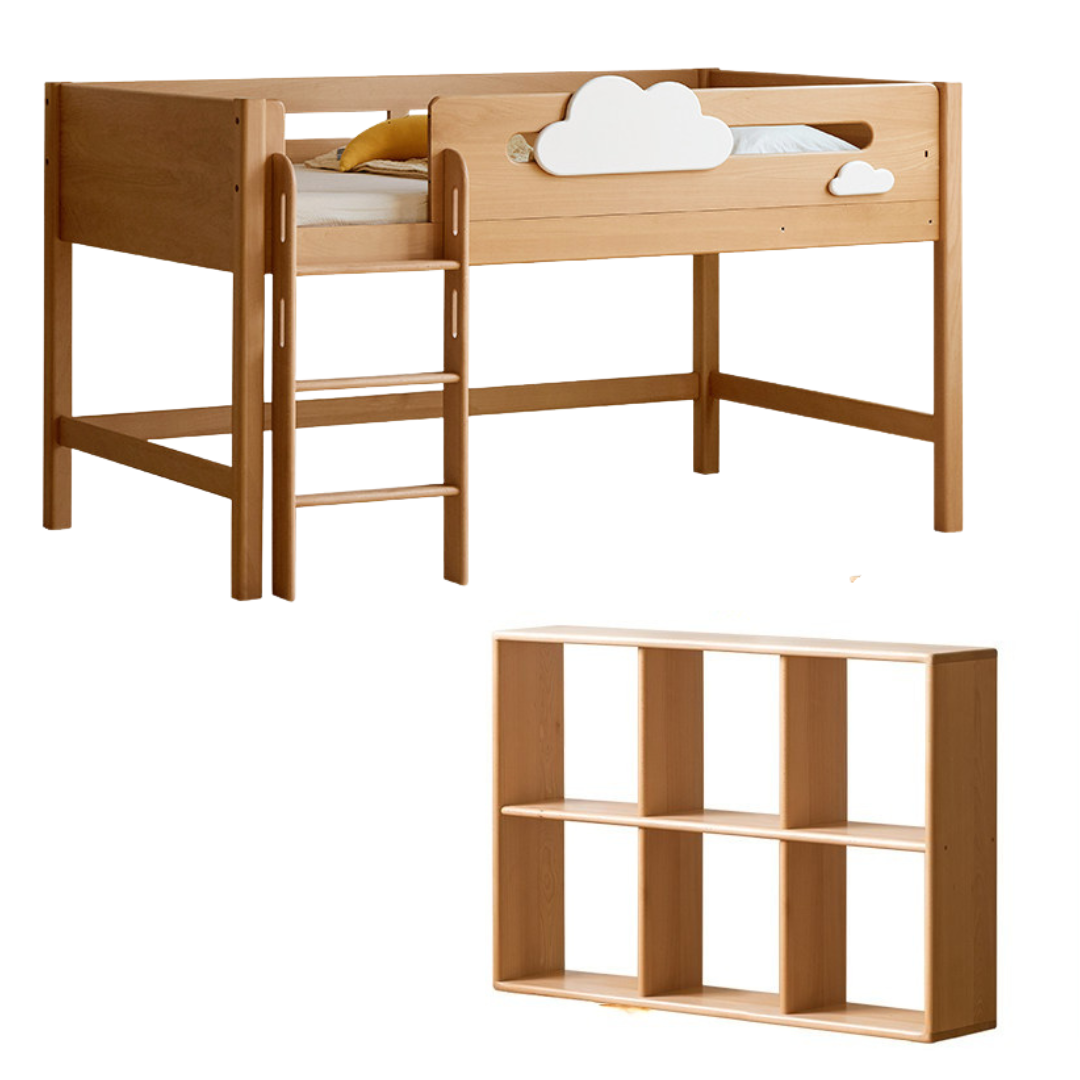 Beech Solid Wood Children's Loft Bed with Under-Table and Storage