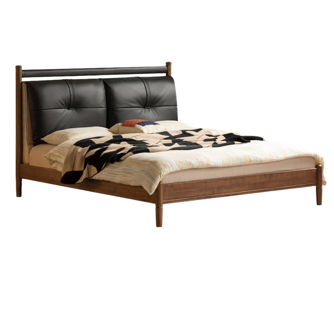 Black Walnut Solid Wood Bed with Plush Genuine Leather Cushioned Headboard