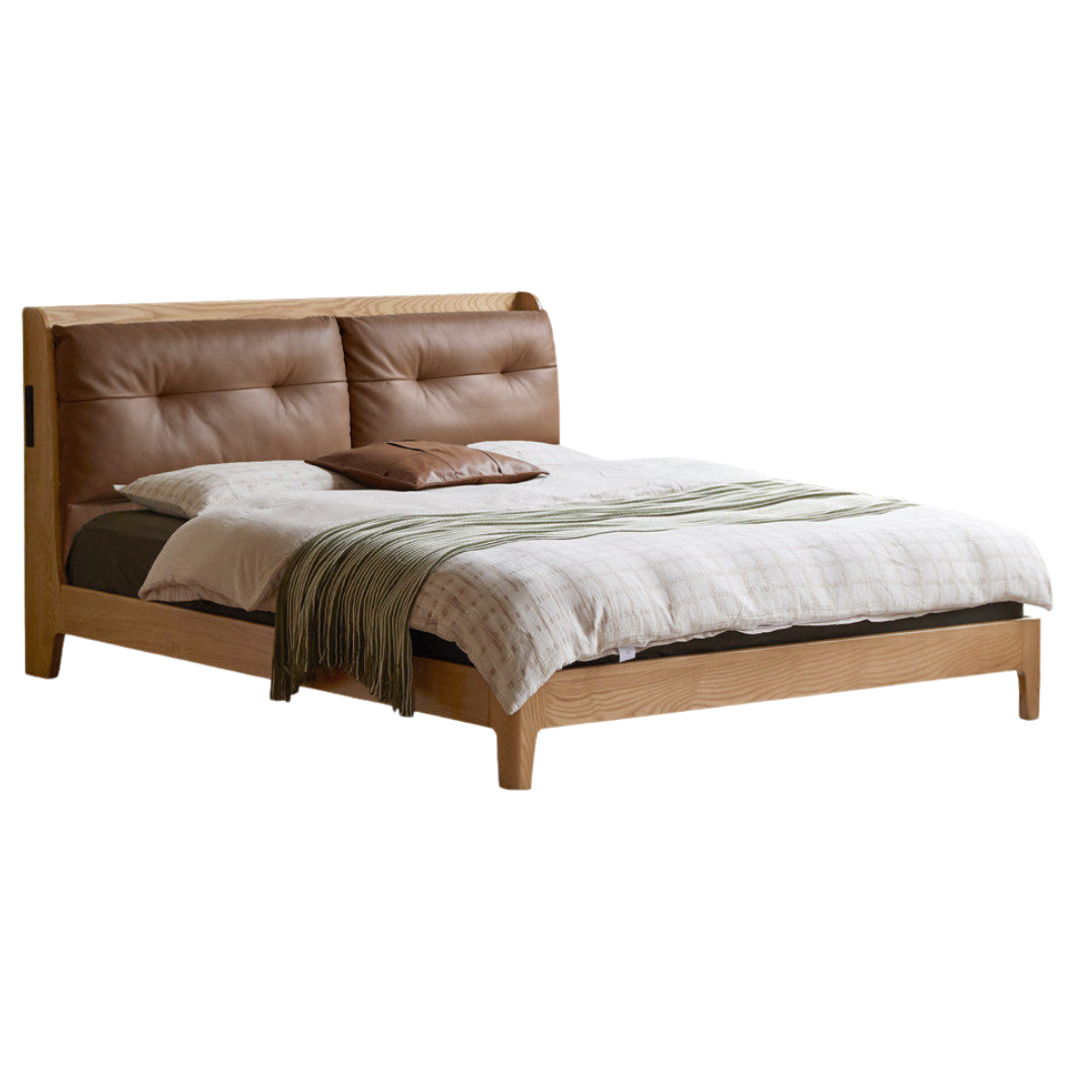 Ash Solid Wood Modern Leather Tufted Platform Bed with USB Charging Port
