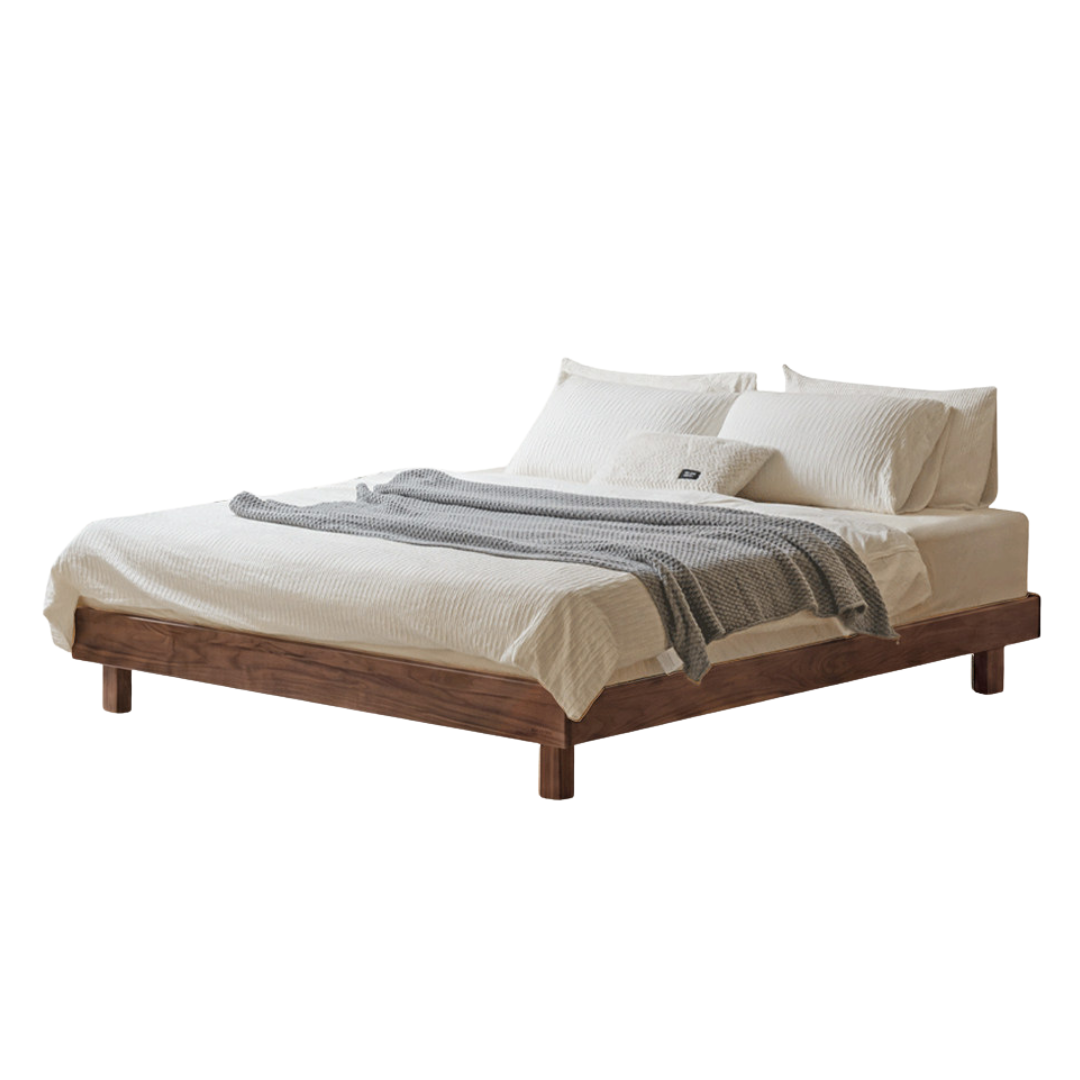 Oak, Rubberwood Solid Wood Platform Bed, Headboard-Free Bed