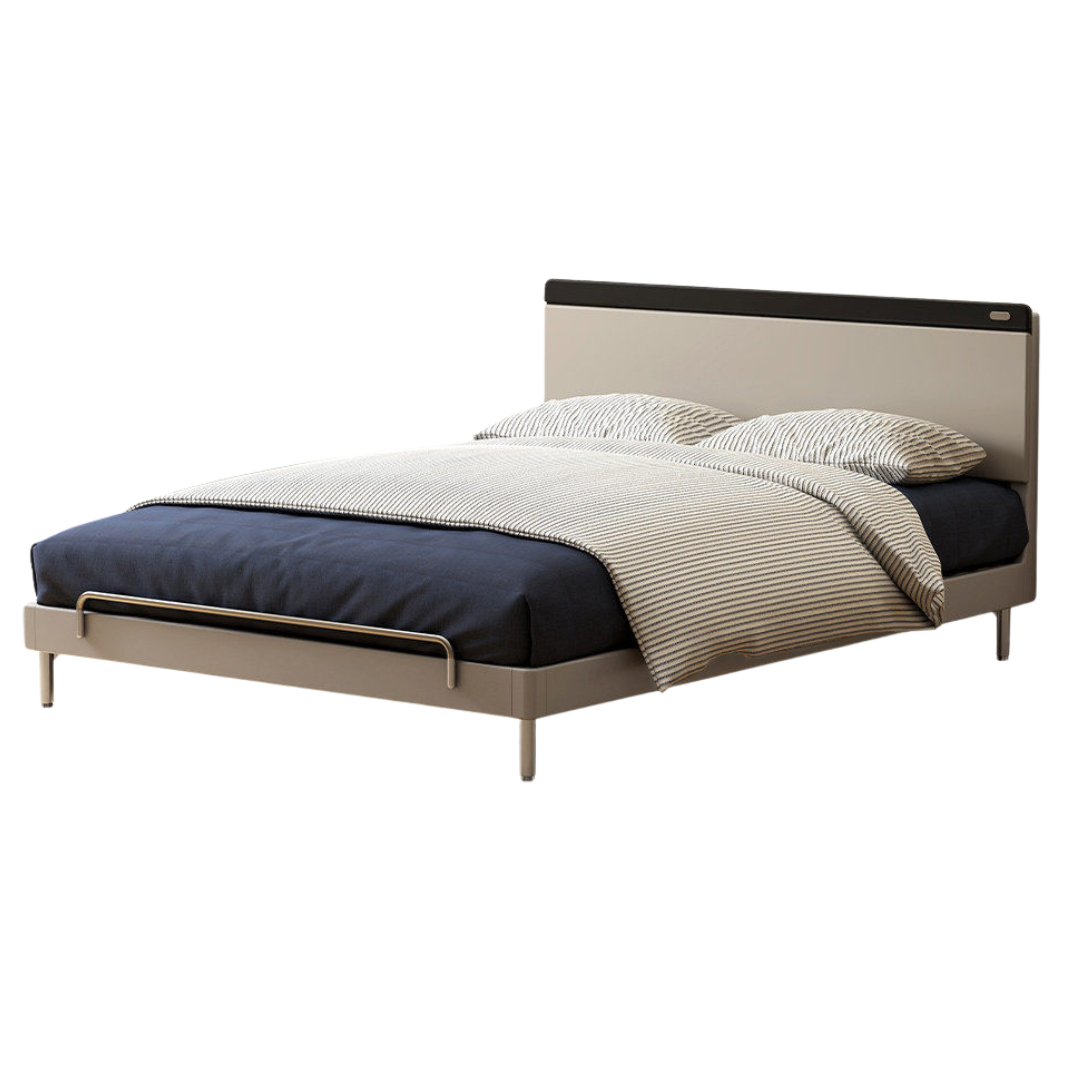Rubberwood Solid Wood Bauhaus Platform Bed with Adjustable Headboard and Stainless Steel Legs
